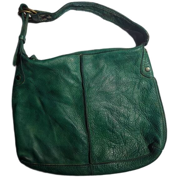 Lucky Brand Jade Green Heavy Leather Top Zip Slouchy Hobo Boho Shoulder Bag - Picture 1 of 6